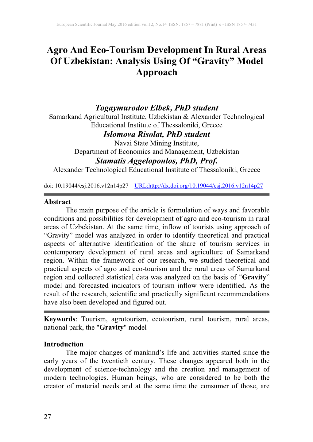 Agro and Eco-Tourism Development in Rural Areas of Uzbekistan: Analysis Using of “Gravity” Model Approach