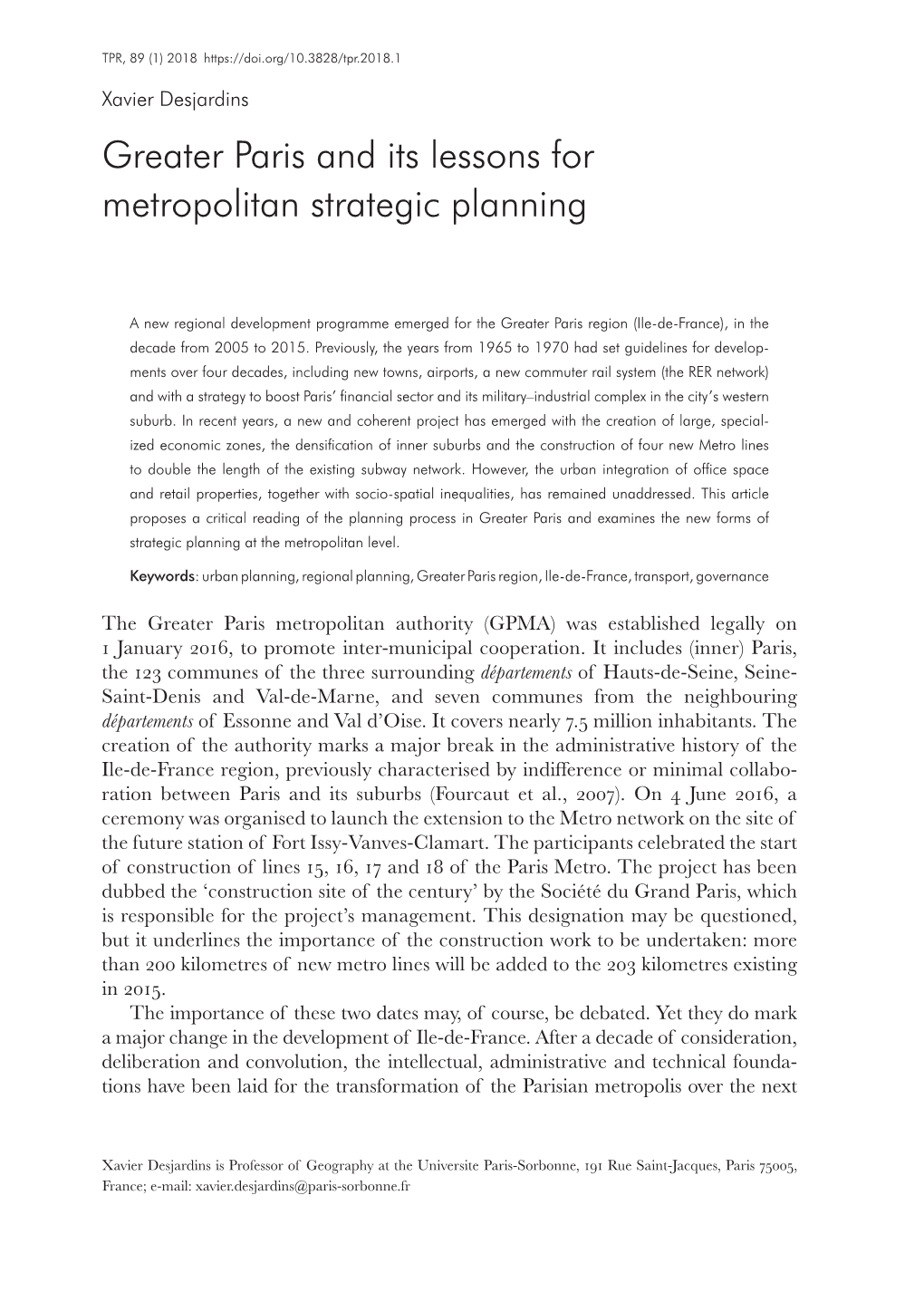 Greater Paris and Its Lessons for Metropolitan Strategic Planning