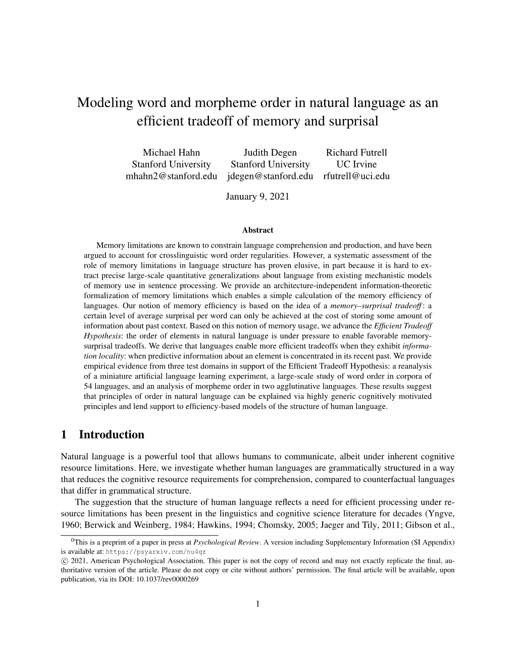 Modeling Word and Morpheme Order in Natural Language As an Efficient Tradeoff of Memory and Surprisal