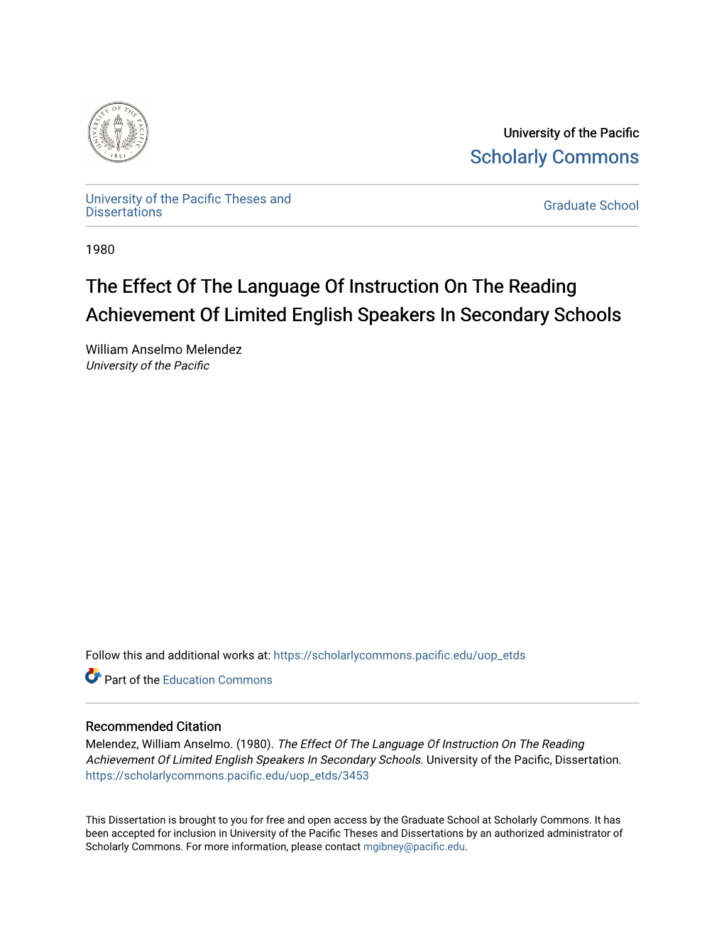 The Effect of the Language of Instruction on the Reading Achievement of Limited English Speakers in Secondary Schools