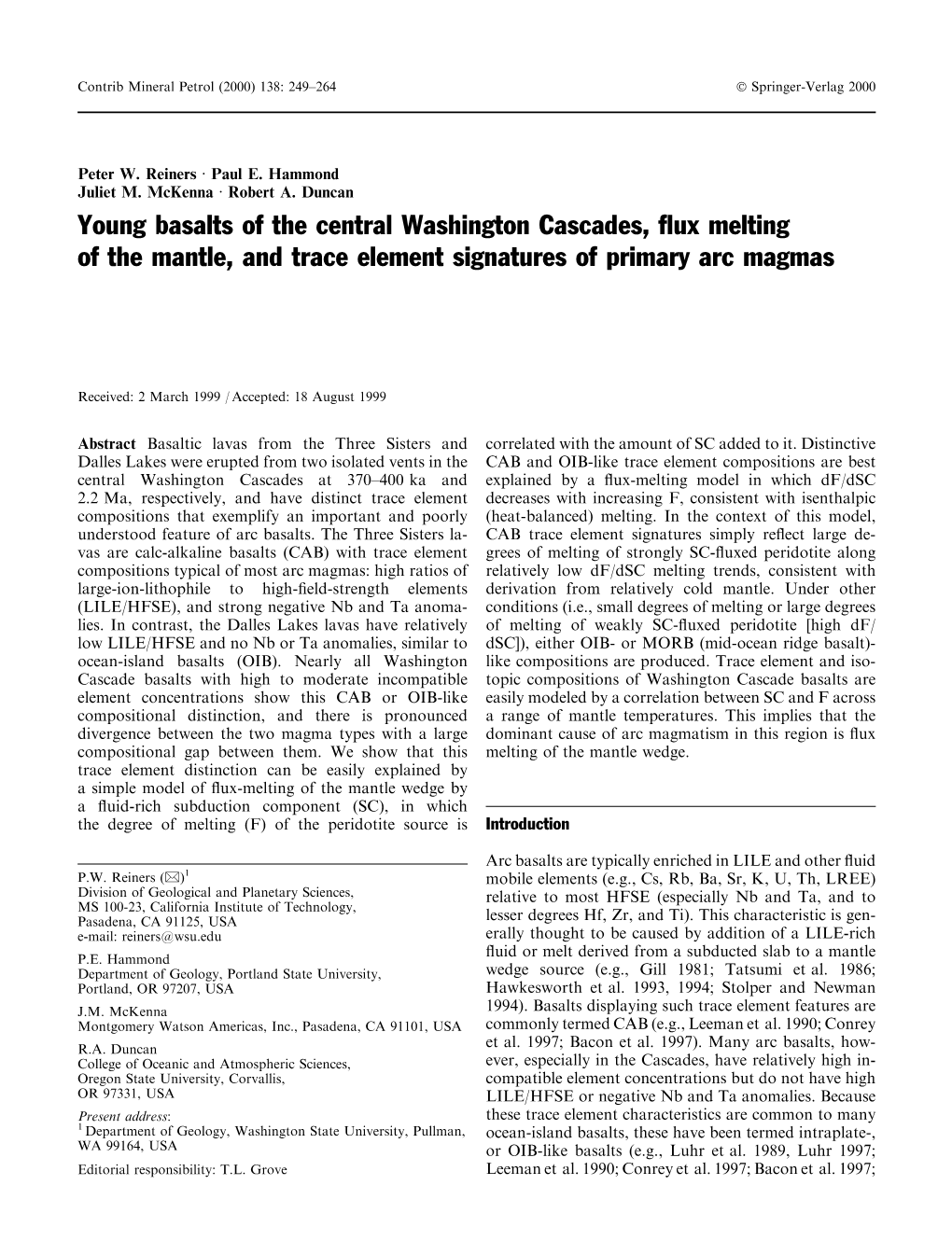 Young Basalts of the Central Washington Cascades, ¯Ux Melting of the Mantle, and Trace Element Signatures of Primary Arc Magmas