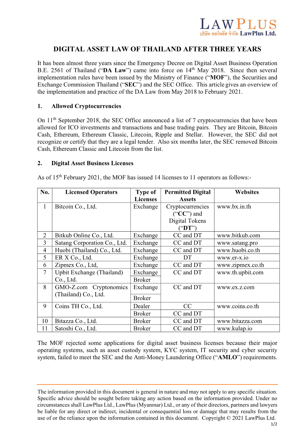 Digital Asset Law of Thailand After Three Years