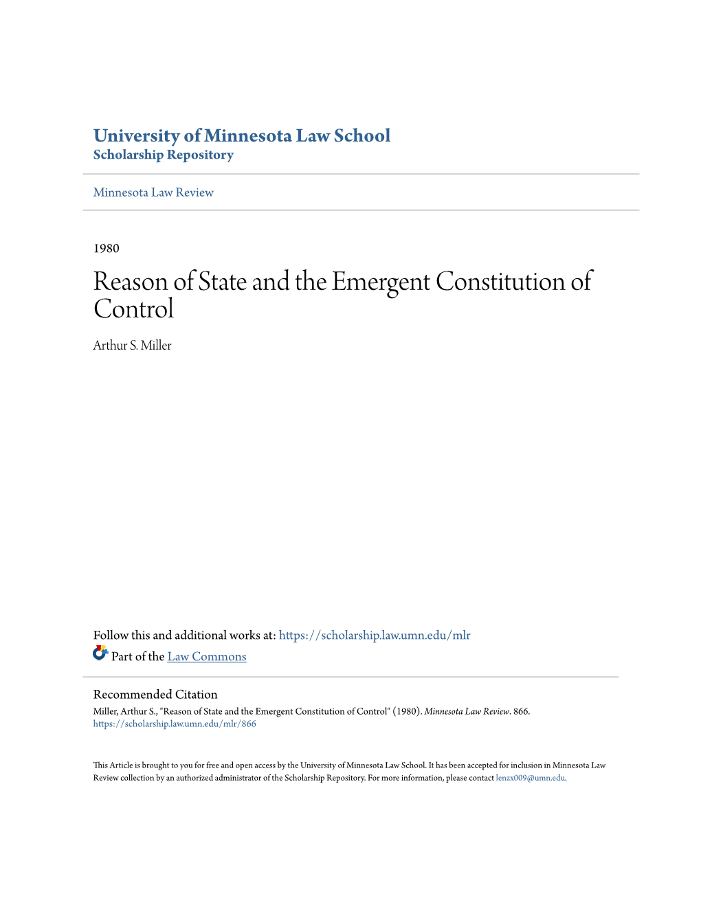 Reason of State and the Emergent Constitution of Control Arthur S