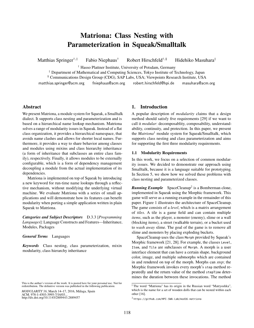 Matriona: Class Nesting with Parameterization in Squeak/Smalltalk