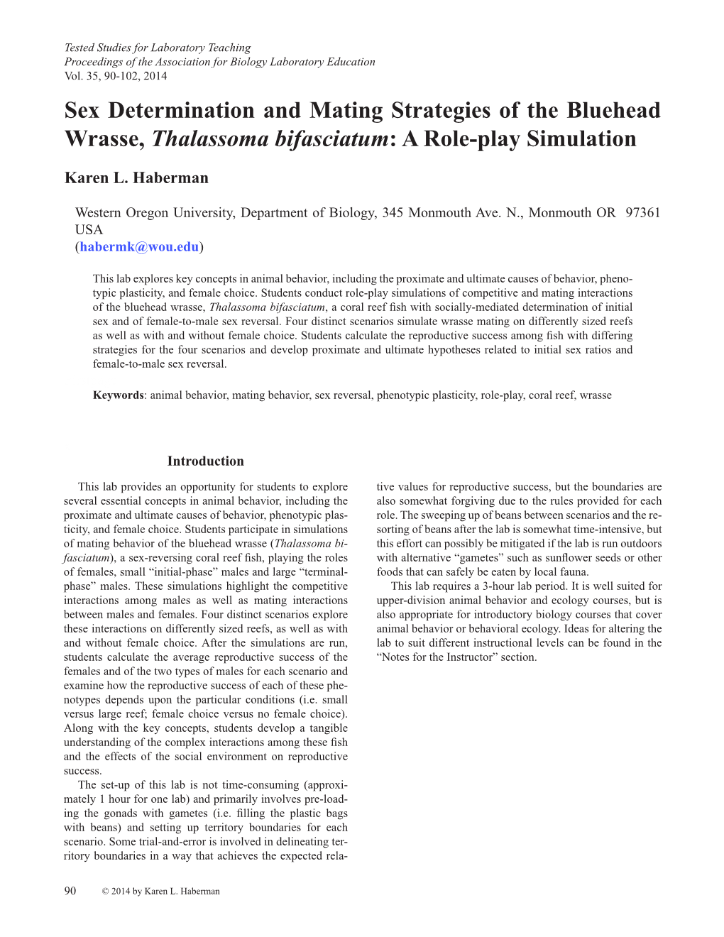 Sex Determination and Mating Strategies of the Bluehead Wrasse, Thalassoma Bifasciatum: a Role-Play Simulation