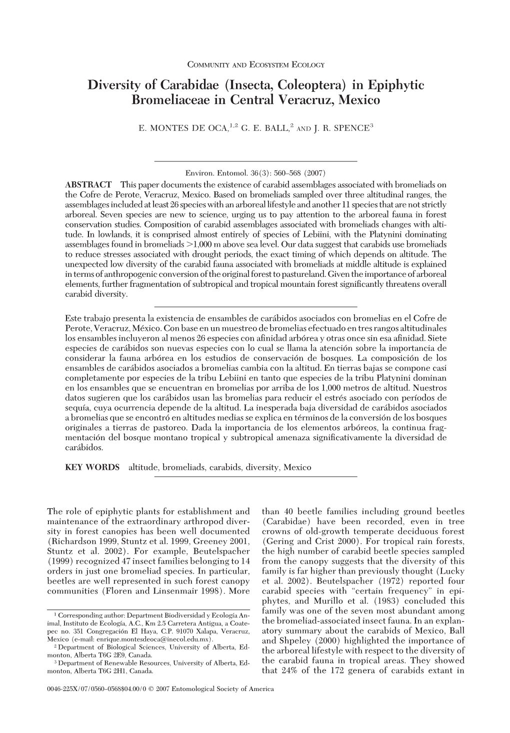 Diversity of Carabidae (Insecta, Coleoptera) in Epiphytic Bromeliaceae in Central Veracruz, Mexico