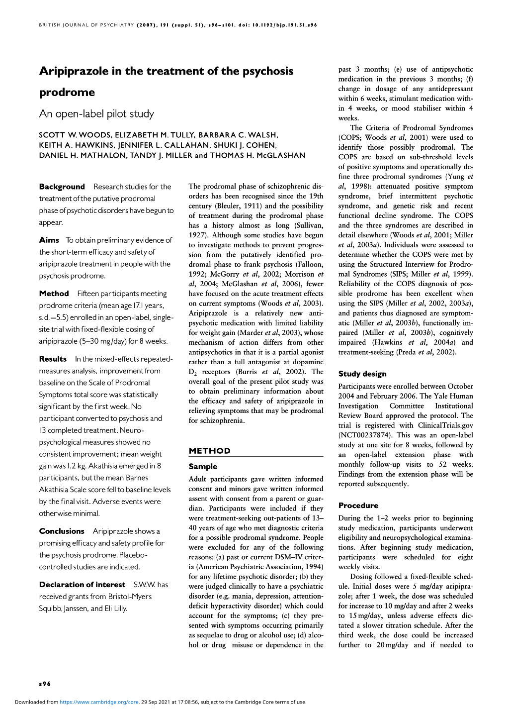 Aripiprazole in the Treatment of the Psychosis Prodrome an Open-Label Pilot Study