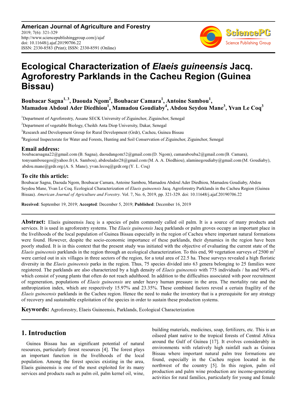 Ecological Characterization of Elaeis Guineensis Jacq. Agroforestry Parklands in the Cacheu Region (Guinea Bissau)