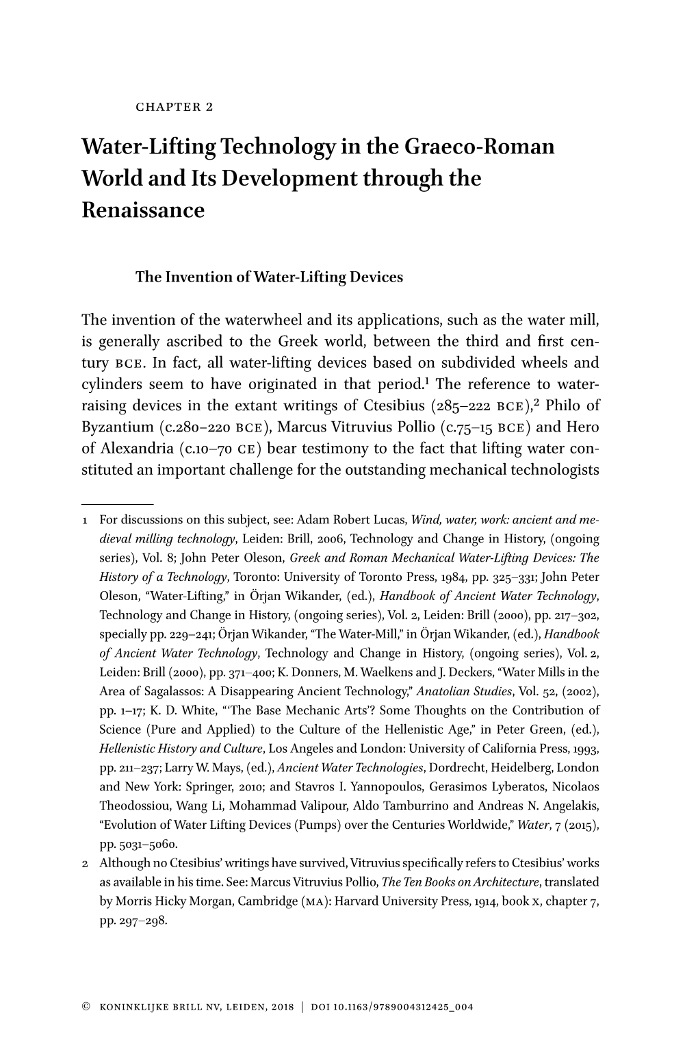 Water-Lifting Technology in the Graeco-Roman World and Its Development Through the Renaissance