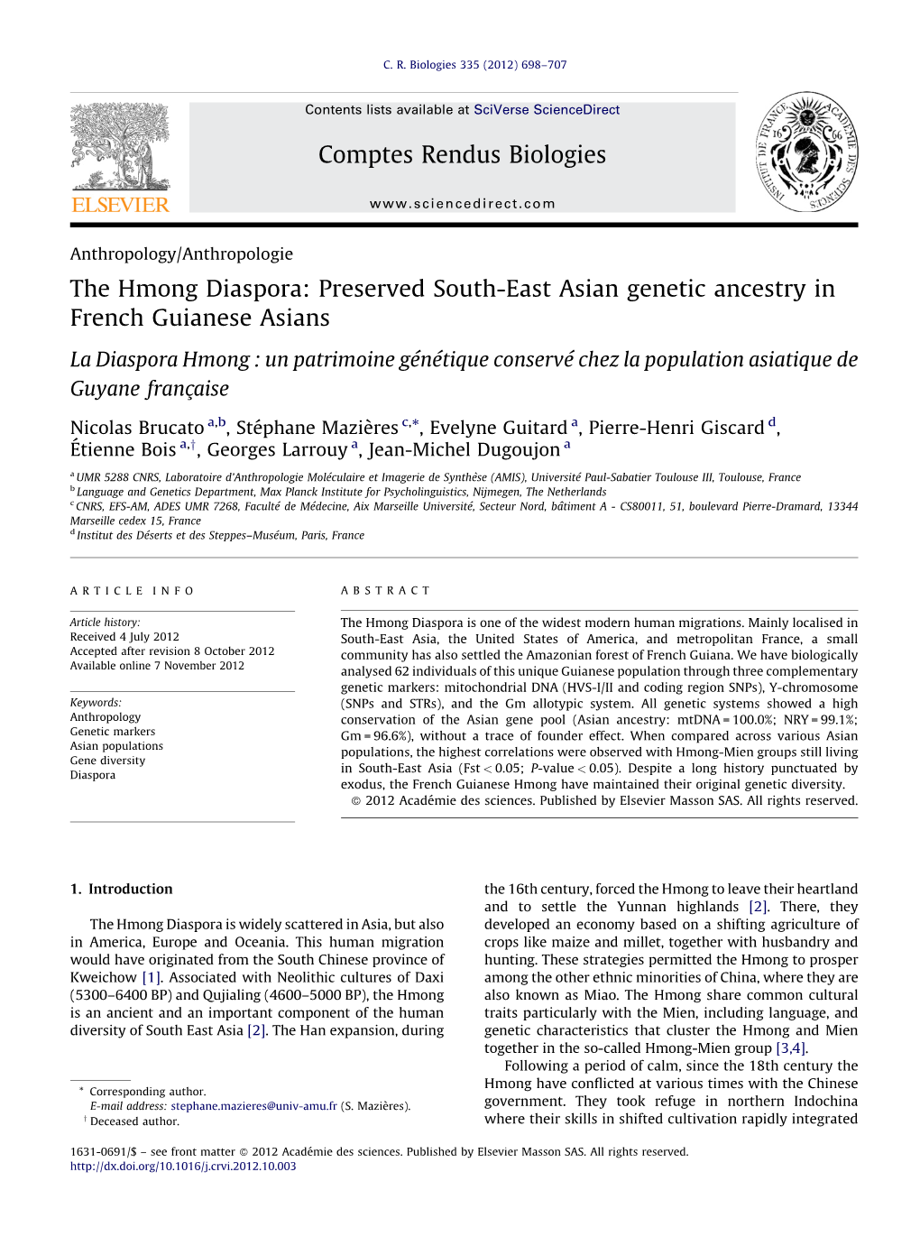 The Hmong Diaspora: Preserved South-East Asian Genetic Ancestry In