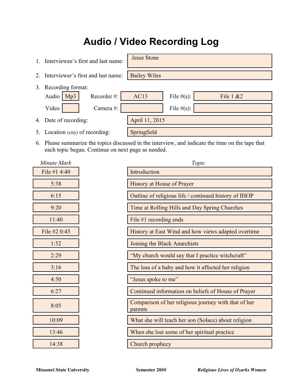 Audio / Video Recording Log s2