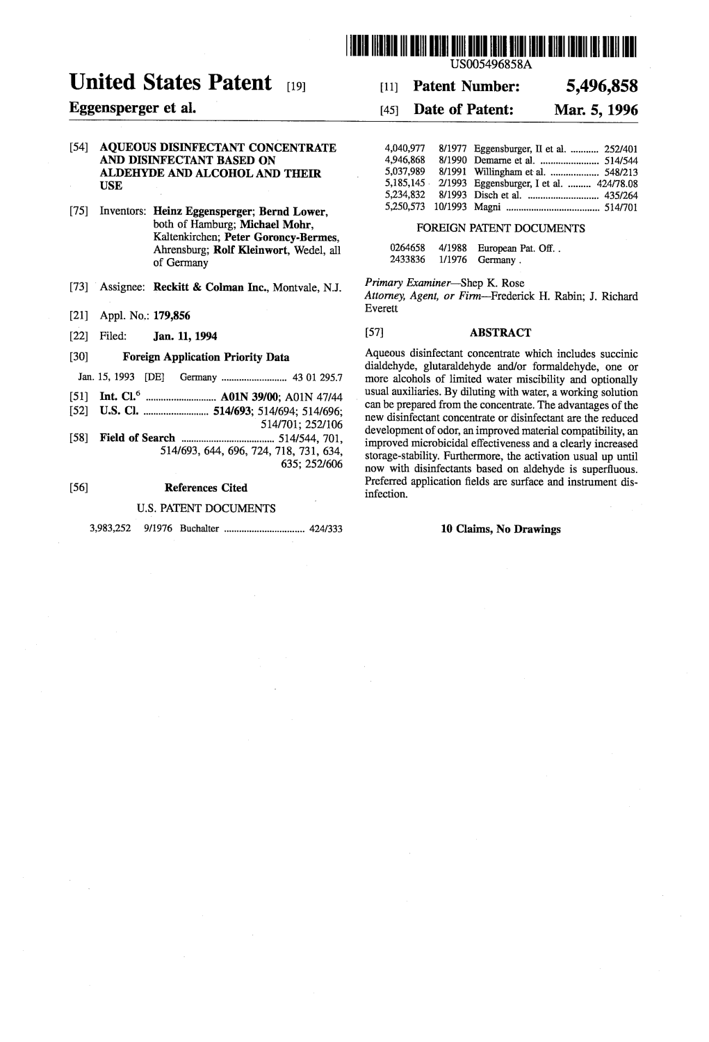 |||||III US005496858A United States Patent (19) 11 Patent Number: 5,496,858 Eggensperger Et Al