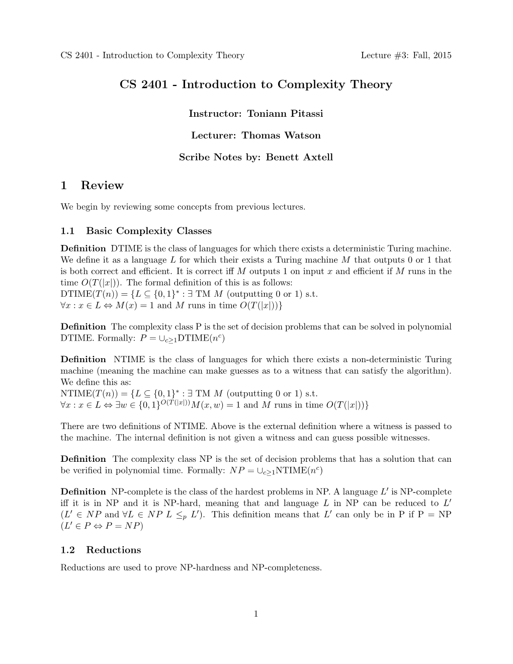 CS 2401 - Introduction to Complexity Theory Lecture #3: Fall, 2015