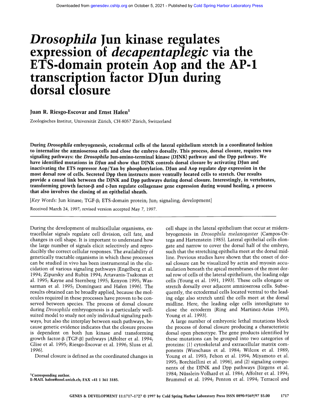 Expression of Decapentaplegic Via the ETS-Domain Protein Aop And.The AP-1 Transcription Factor Djun During Dorsal Closure