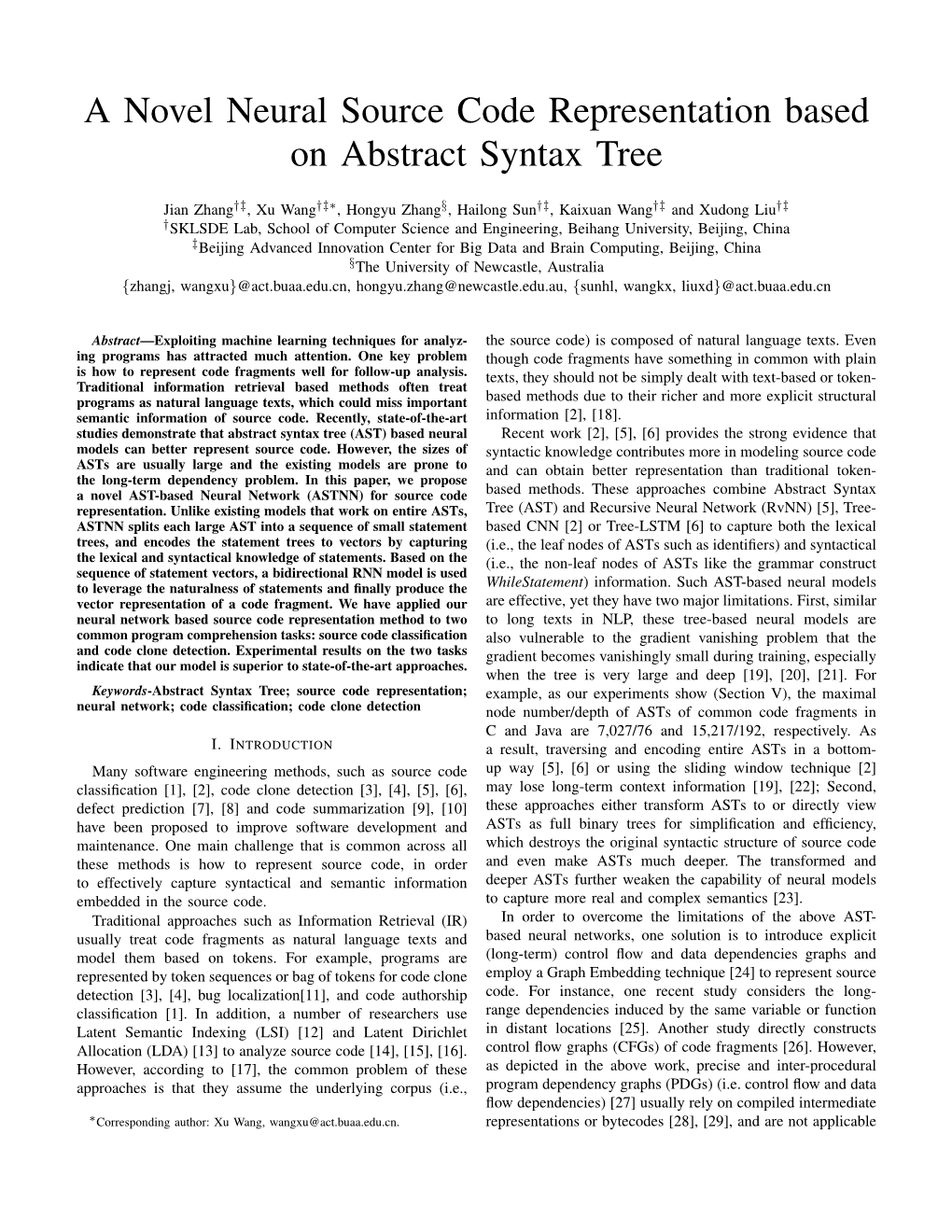 A Novel Neural Source Code Representation Based on Abstract Syntax Tree