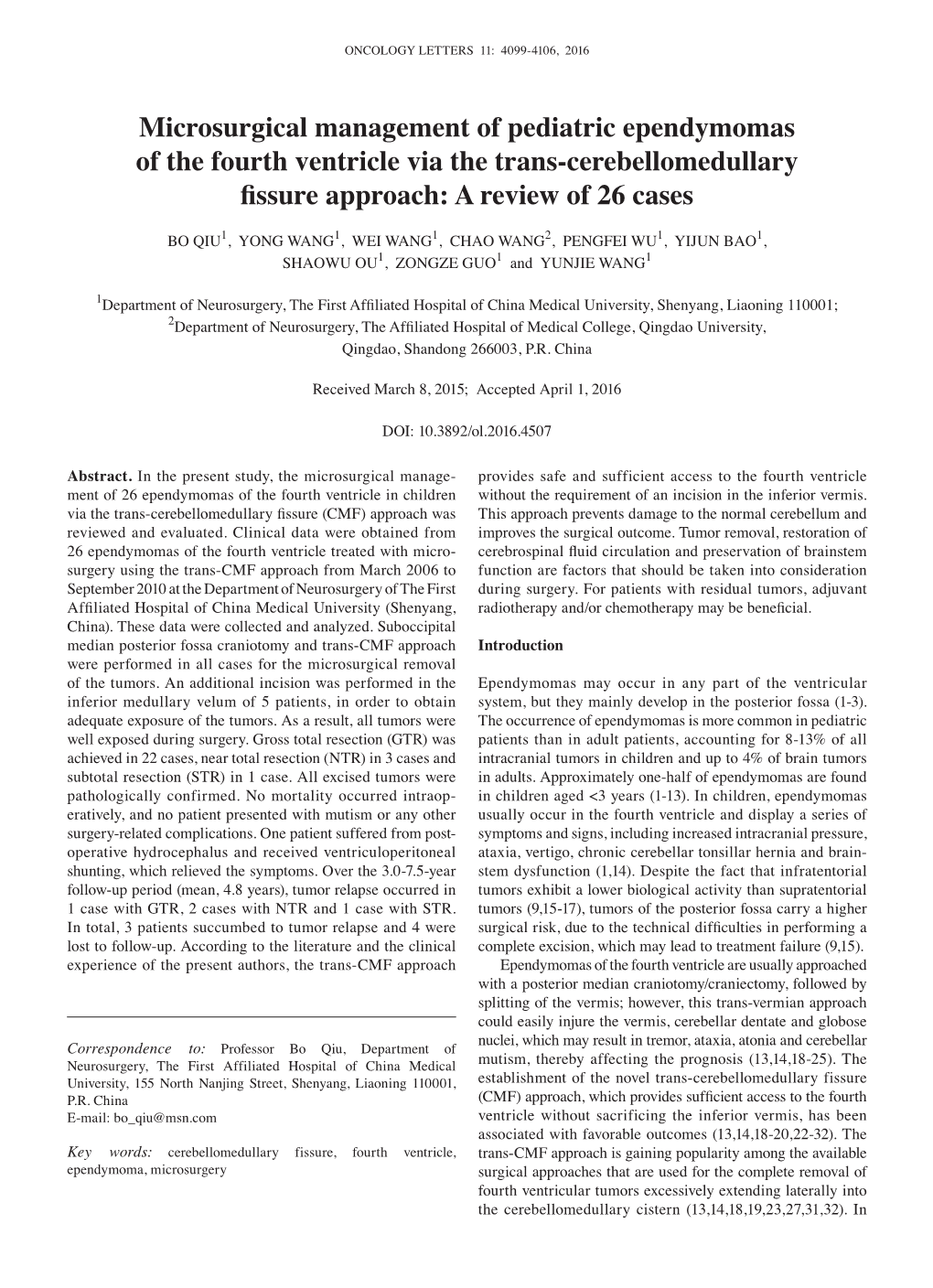 Microsurgical Management of Pediatric Ependymomas of the Fourth Ventricle Via the Trans-Cerebellomedullary Fissure Approach: a Review of 26 Cases