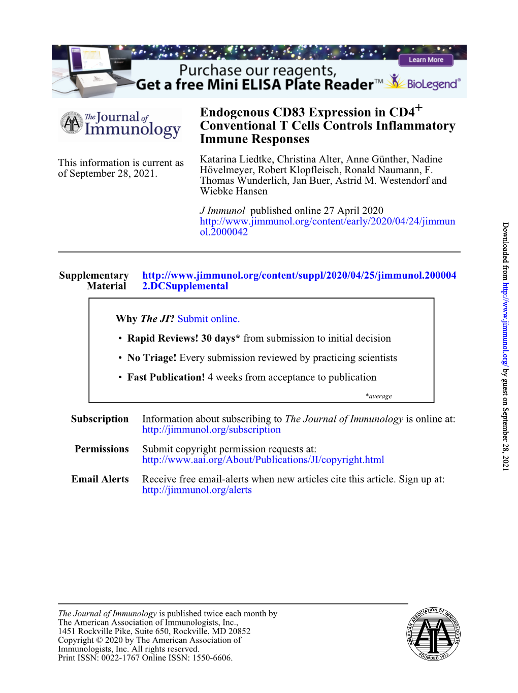 Endogenous CD83 Expression in CD4+ Conventional T Cells Controls Inflammatory Immune Responses