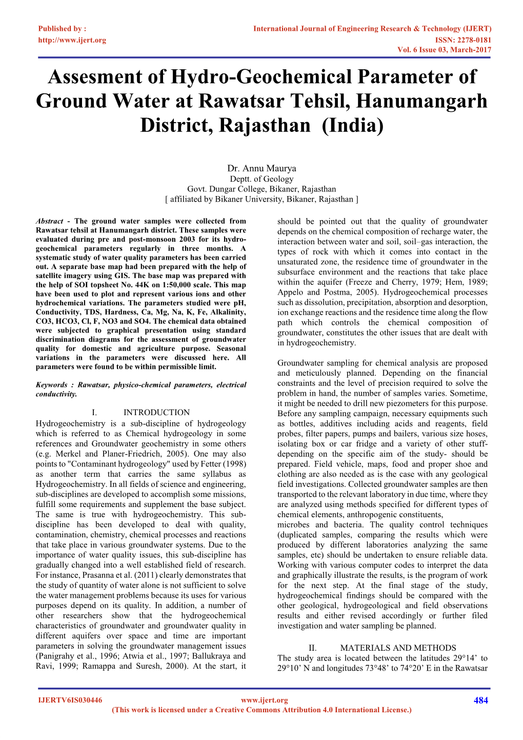 Assesment of Hydro-Geochemical Parameter of Ground Water at Rawatsar Tehsil, Hanumangarh District, Rajasthan (India)