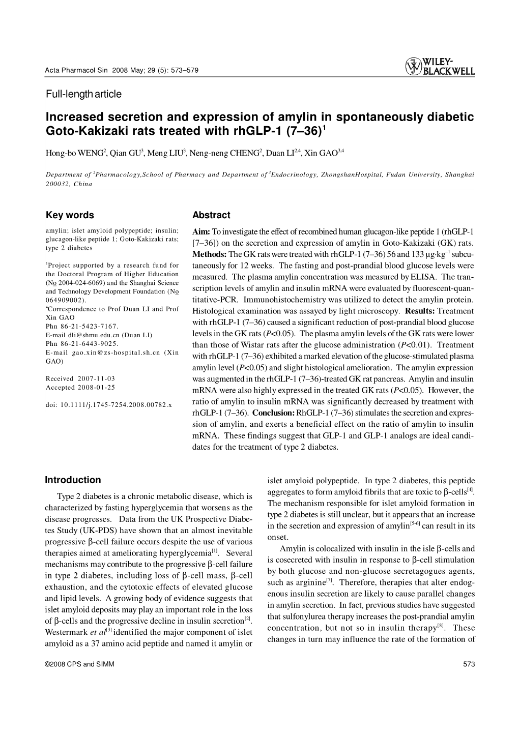 Increased Secretion and Expression of Amylin in Spontaneously Diabetic Goto-Kakizaki Rats Treated with Rhglp-1 (7–36)1