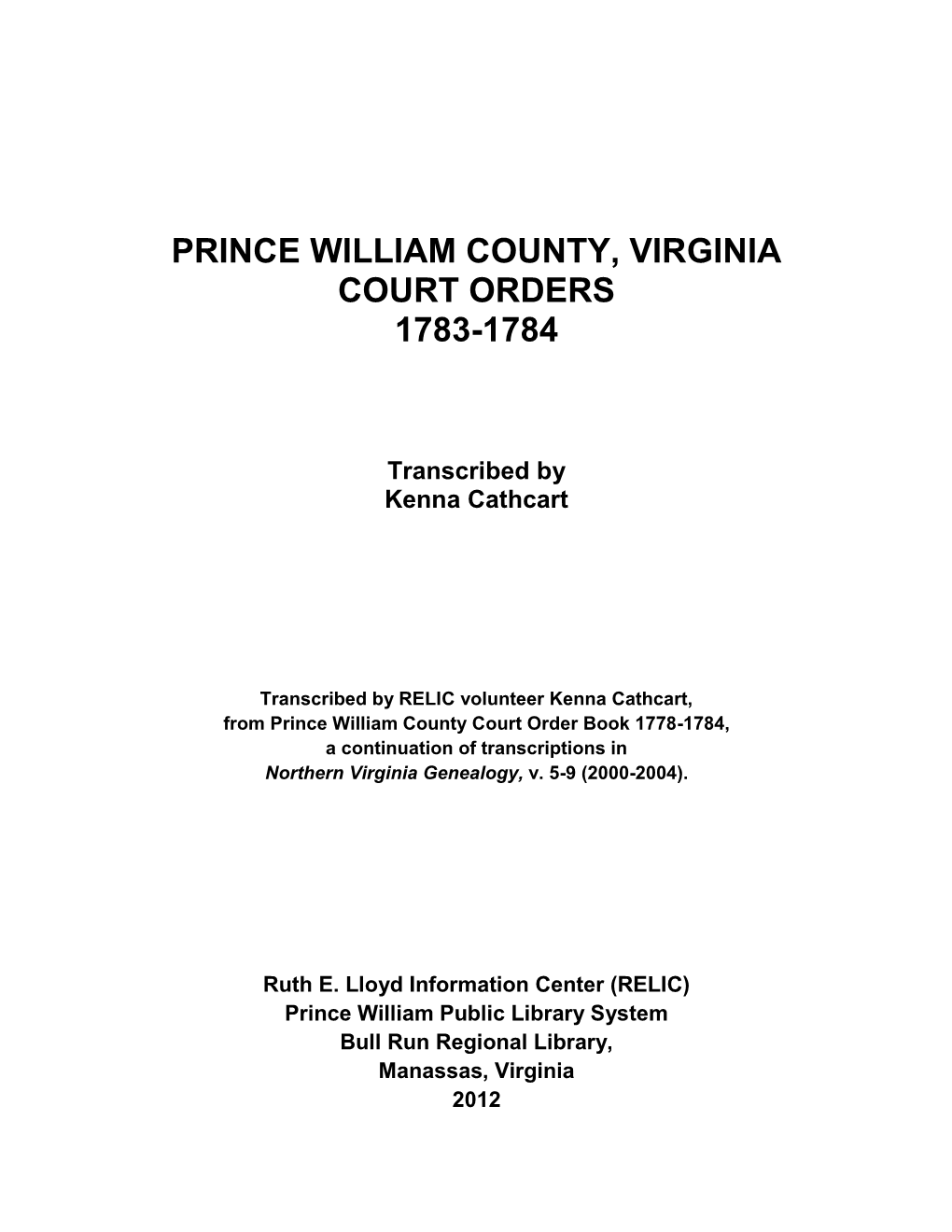 Prince William County, Virginia Court Orders 1783-1784