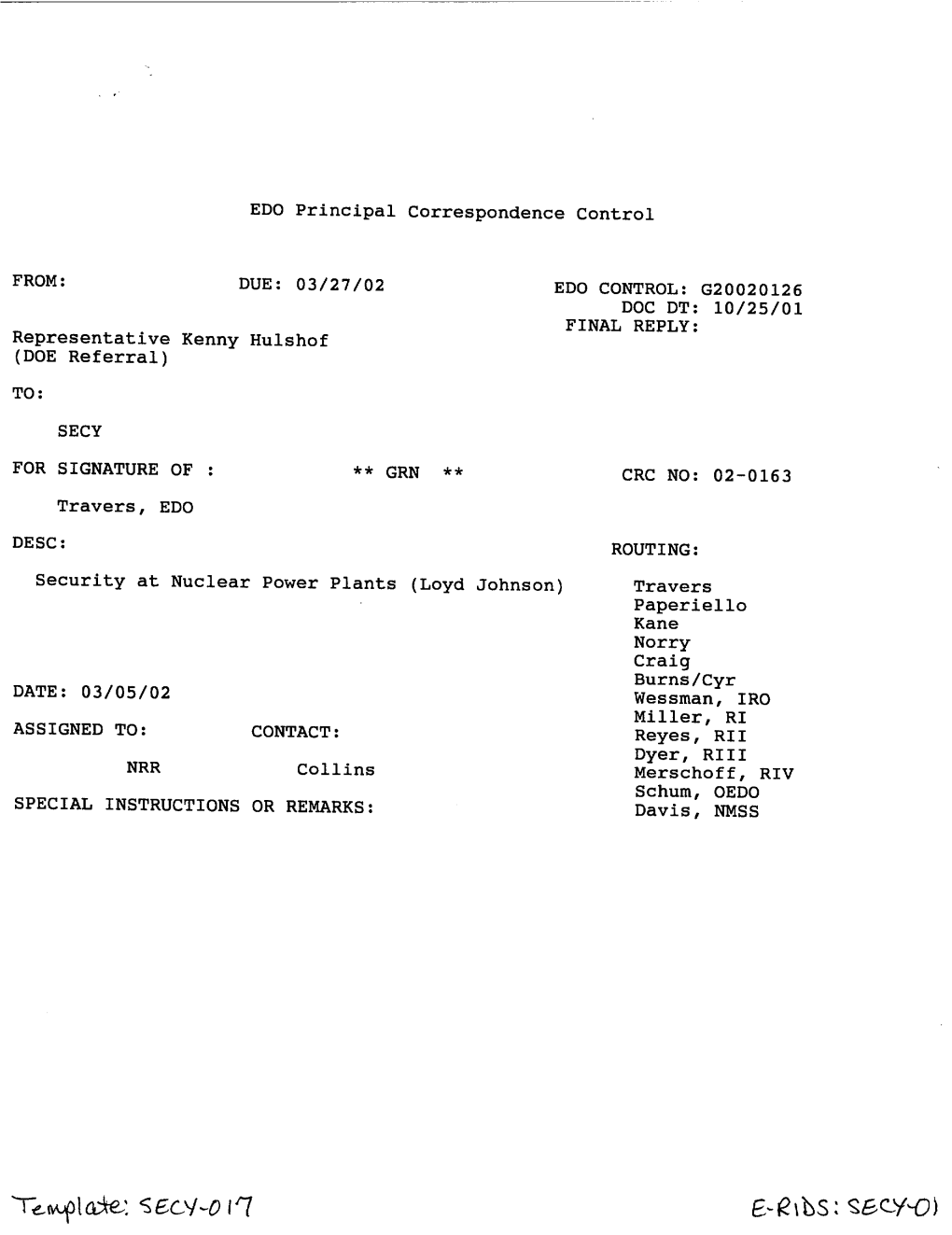 Rep. Kenny Hulshof Ltr Re Security at Nuclear Power Plants