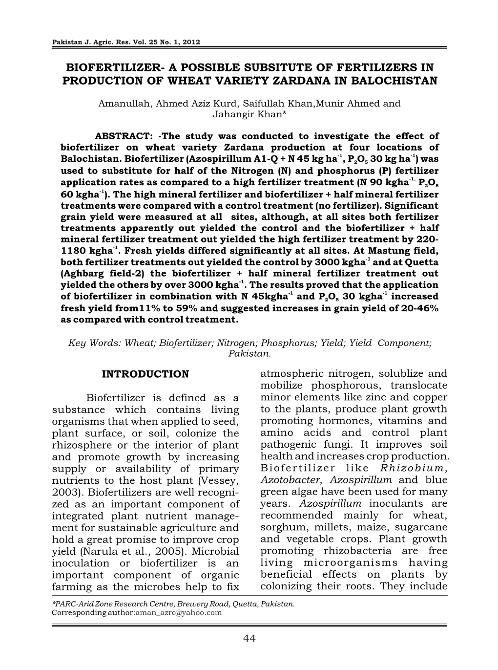 Biofertilizer- a Possible Subsitute of Fertilizers in Production of Wheat Variety Zardana in Balochistan