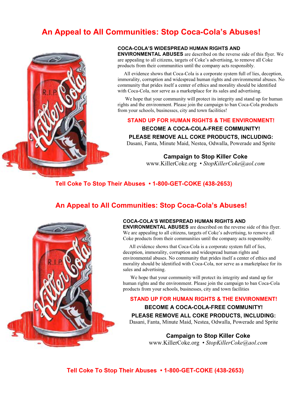 An Appeal to All Communities: Stop Coca-Cola's Abuses!