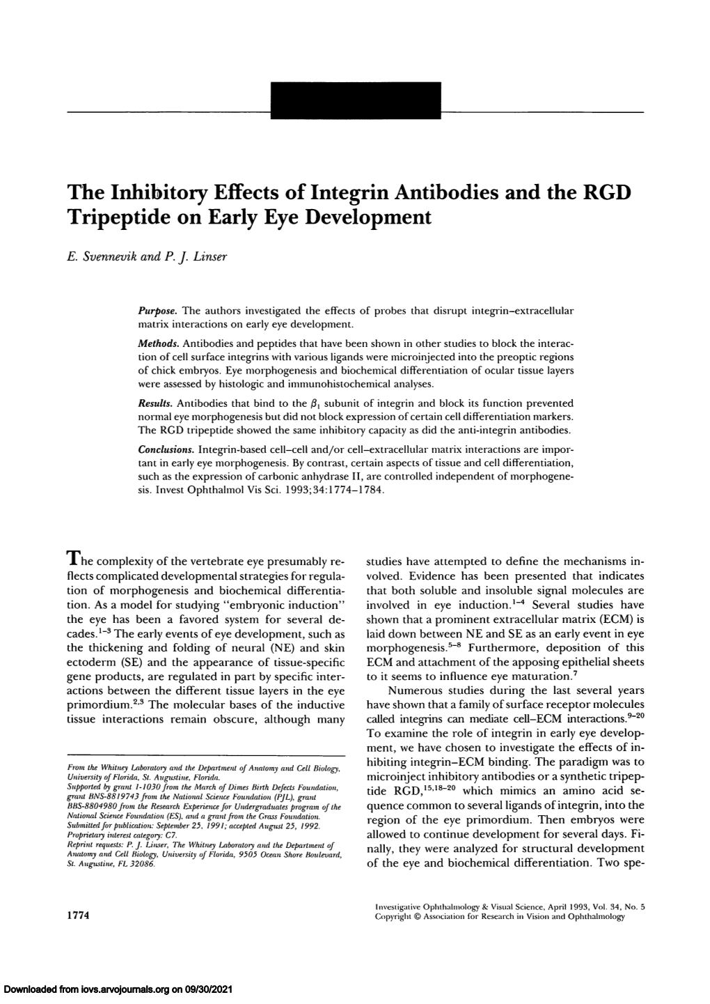 The Inhibitory Effects of Integrin Antibodies and the RGD Tripeptide on Early Eye Development