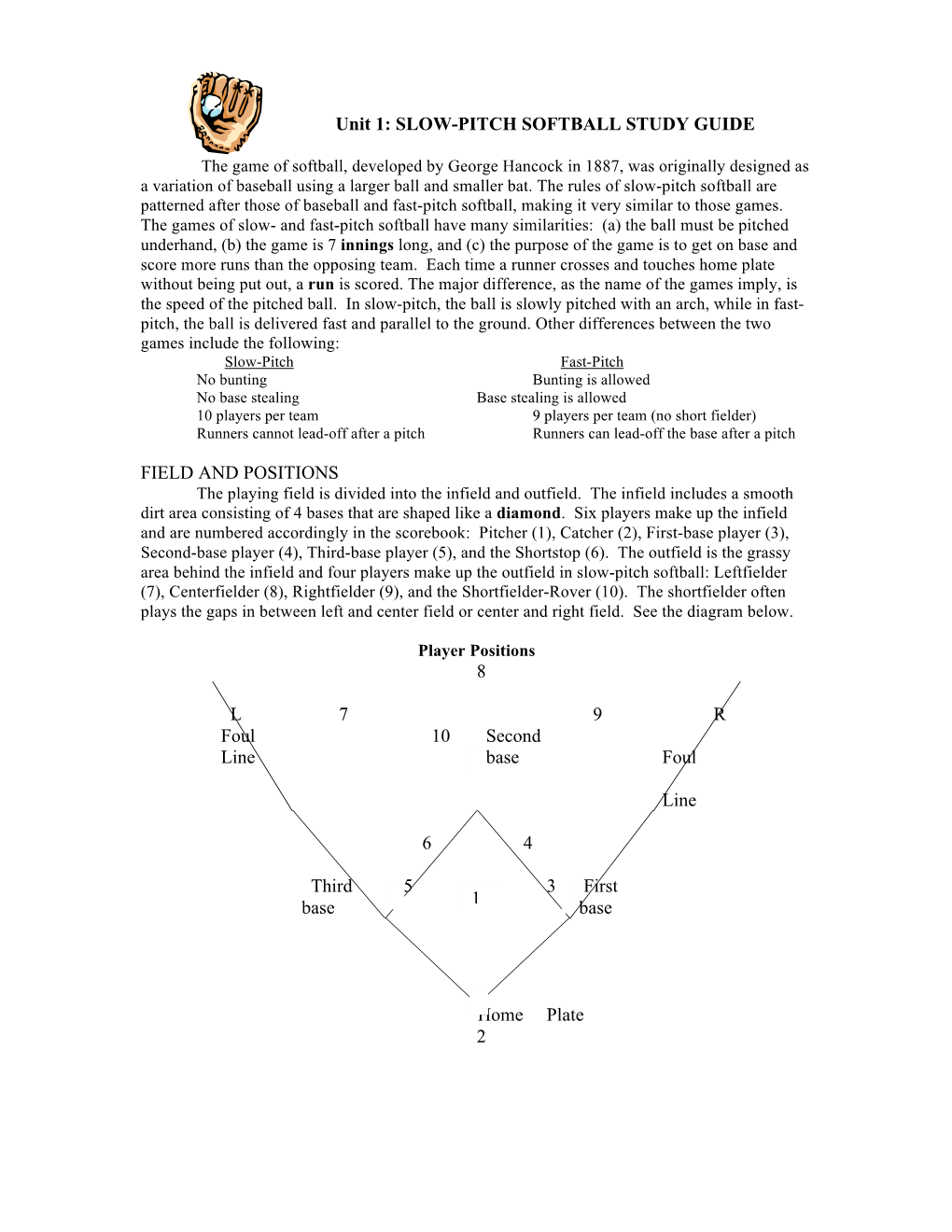 Slow-Pitch Softball Study Guide Field and Positions 8 L