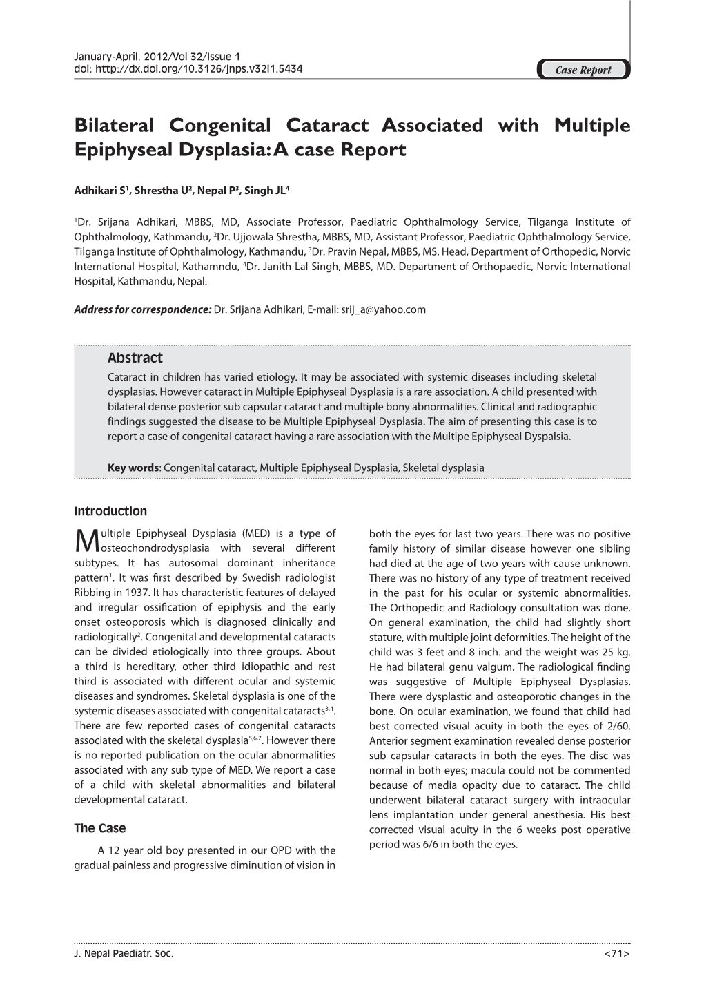 Bilateral Congenital Cataract Associated with Multiple Epiphyseal Dysplasia: a Case Report