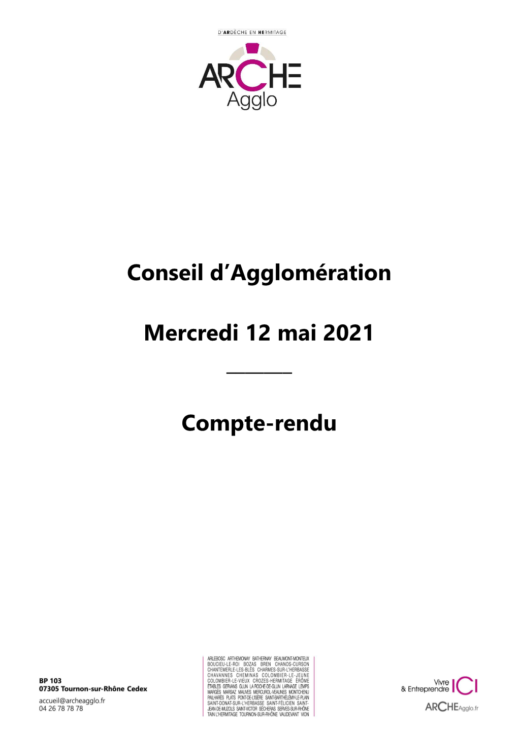 Conseil D'agglomération Mercredi 12 Mai 2021 ___Compte-Rendu