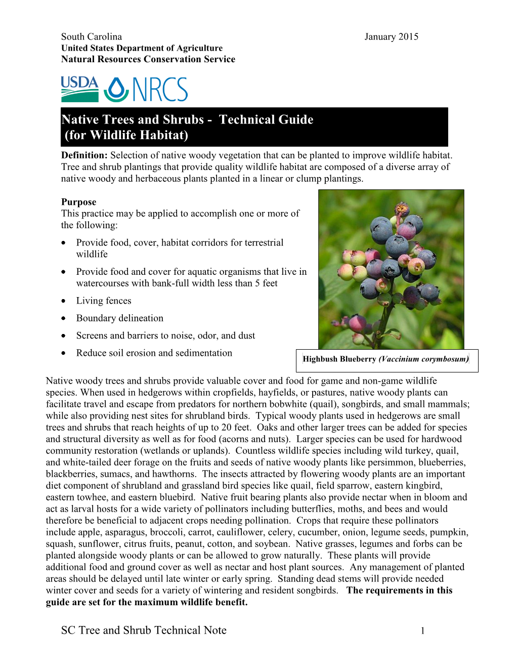 Native Trees and Shrubs - Technical Guide (For Wildlife Habitat) Definition: Selection of Native Woody Vegetation That Can Be Planted to Improve Wildlife Habitat