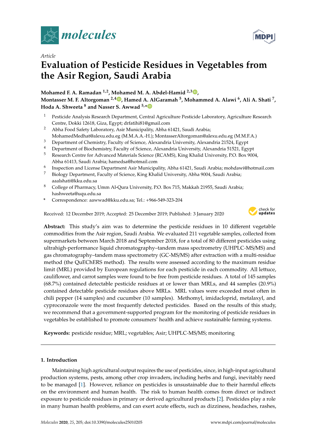 Evaluation of Pesticide Residues in Vegetables from the Asir Region, Saudi Arabia