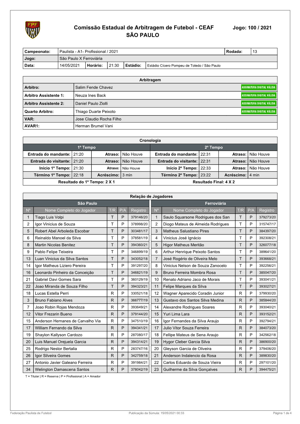 Comissão Estadual De Arbitragem De Futebol - CEAF Jogo: 100 / 2021 SÃO PAULO