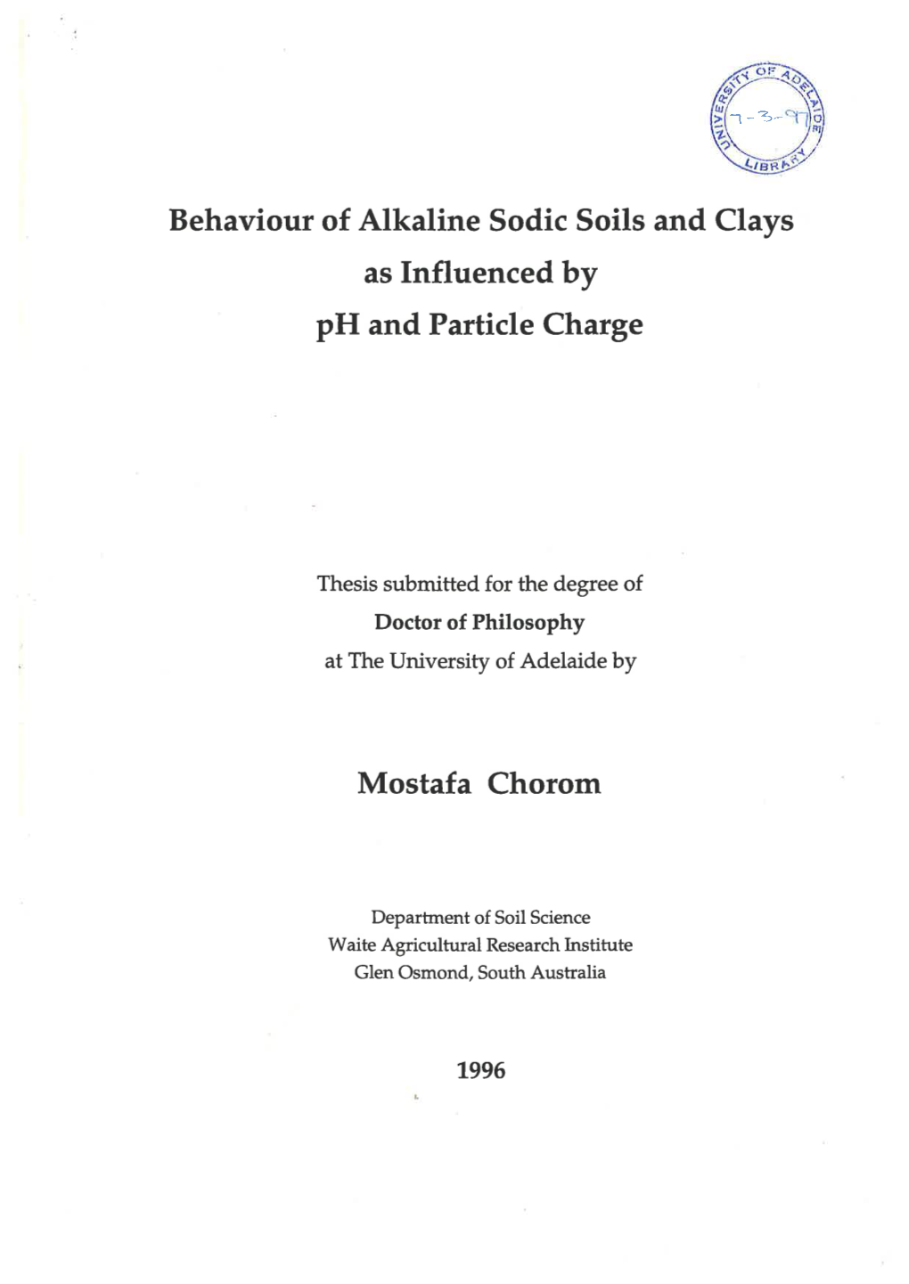 Behaviour of Alkaline Sodic Soils and Clays As Influenced by Ph and Particle Charge