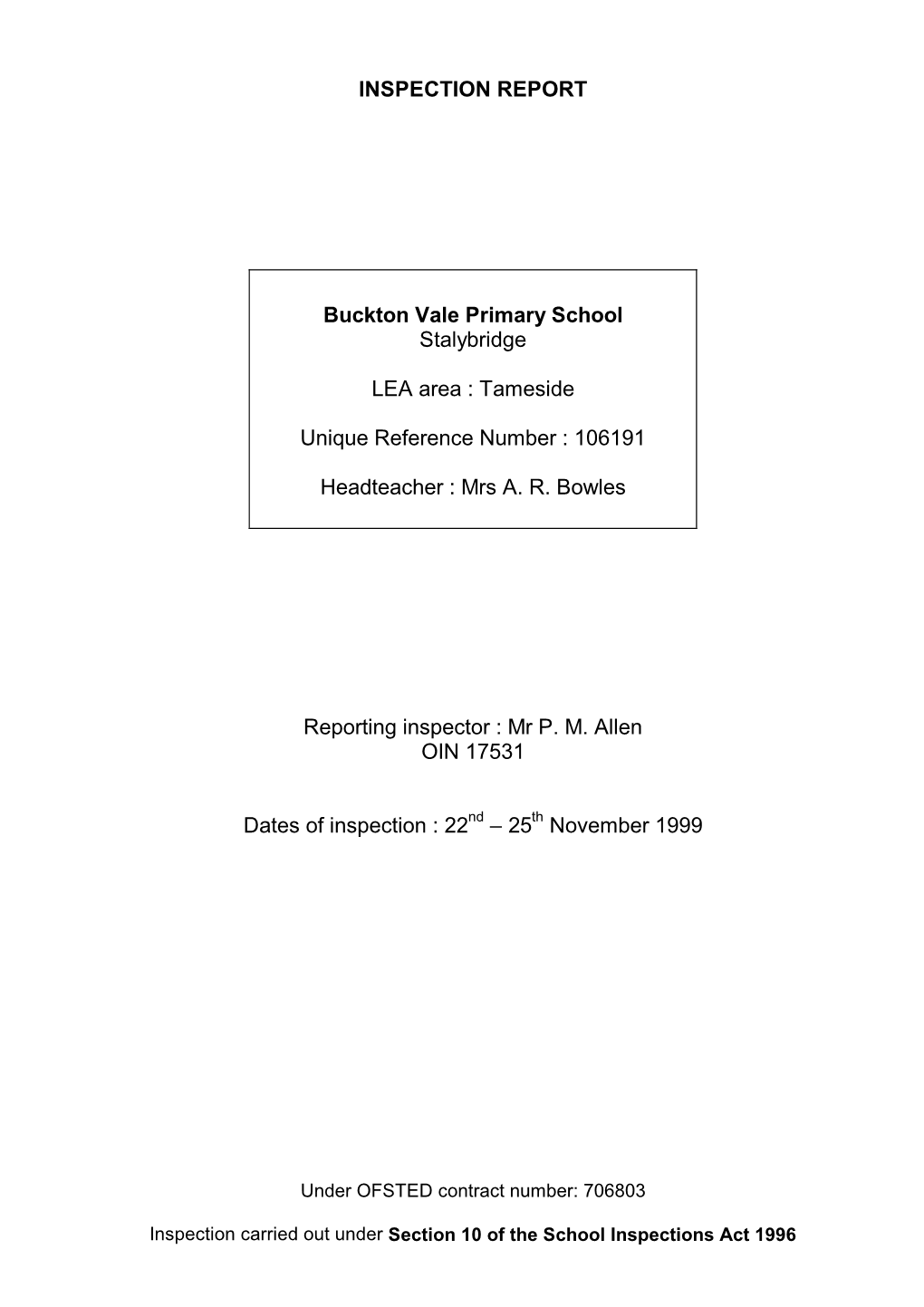 INSPECTION REPORT Buckton Vale Primary School Stalybridge LEA Area
