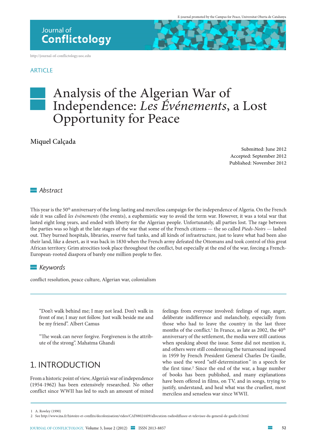 Analysis of the Algerian War of Independence: Les Événements, a Lost Opportunity for Peace