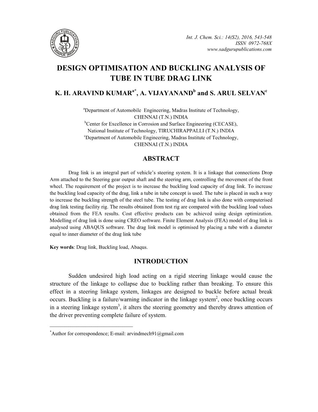 Design Optimisation and Buckling Analysis of Tube in Tube Drag Link