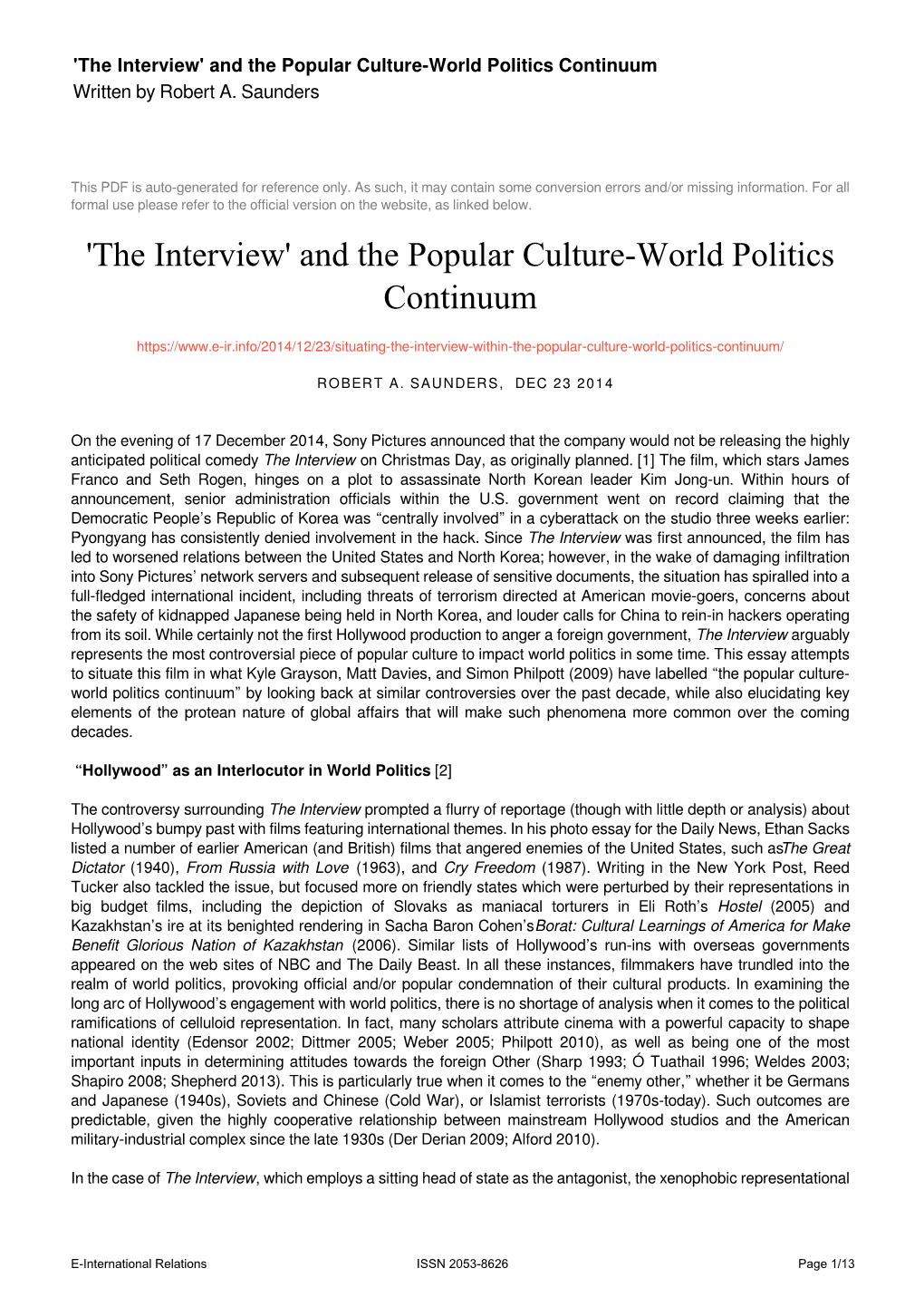 And the Popular Culture-World Politics Continuum Written by Robert A