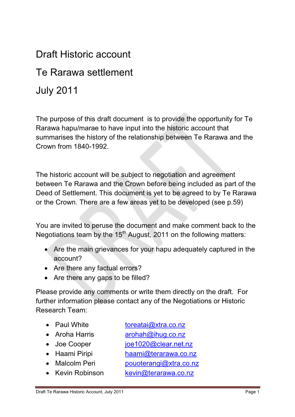 Draft Historic Account Te Rarawa Settlement July 2011