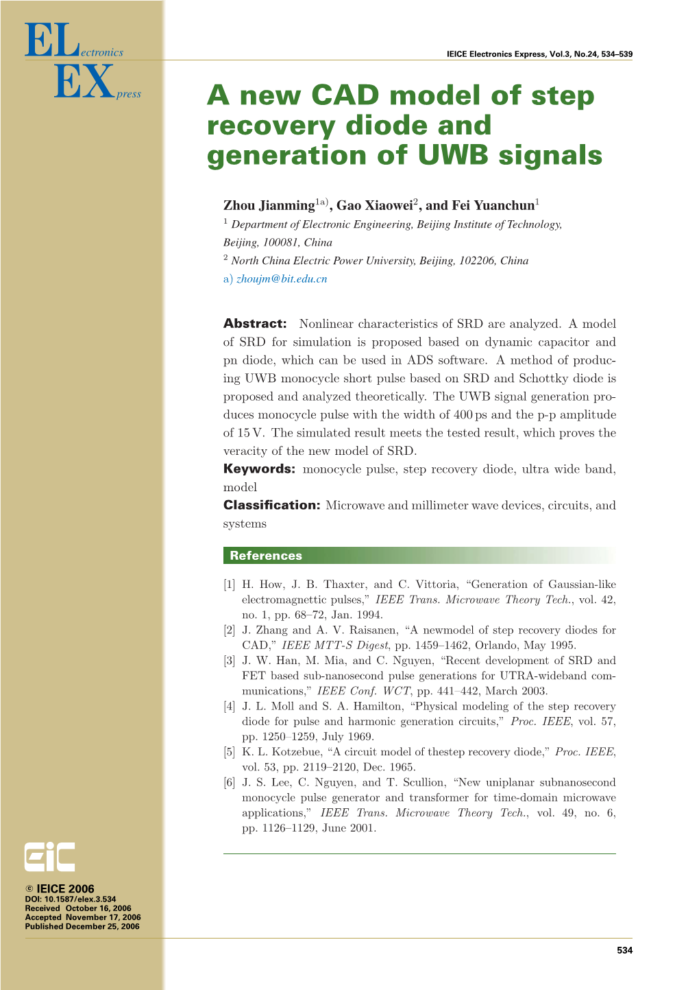 A New CAD Model of Step Recovery Diode and Generation of UWB Signals