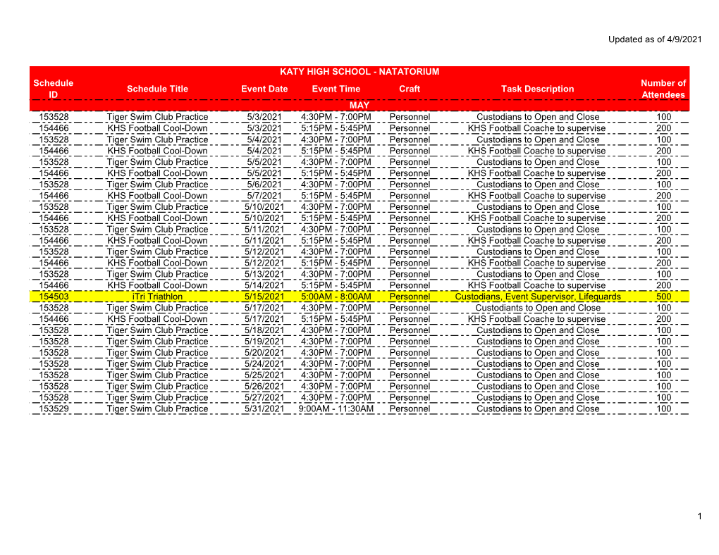 2021 May Natatorium Monthly Calendar