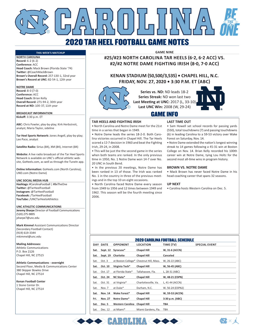 2020 Tar Heel Football Game Notes