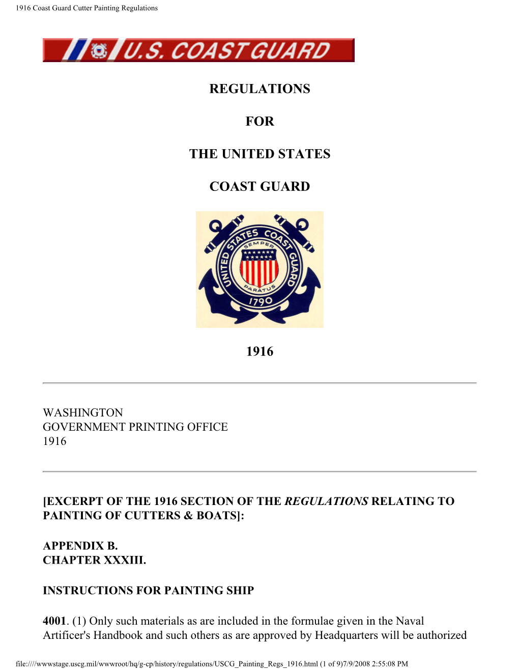 1916 Coast Guard Cutter Painting Regulations