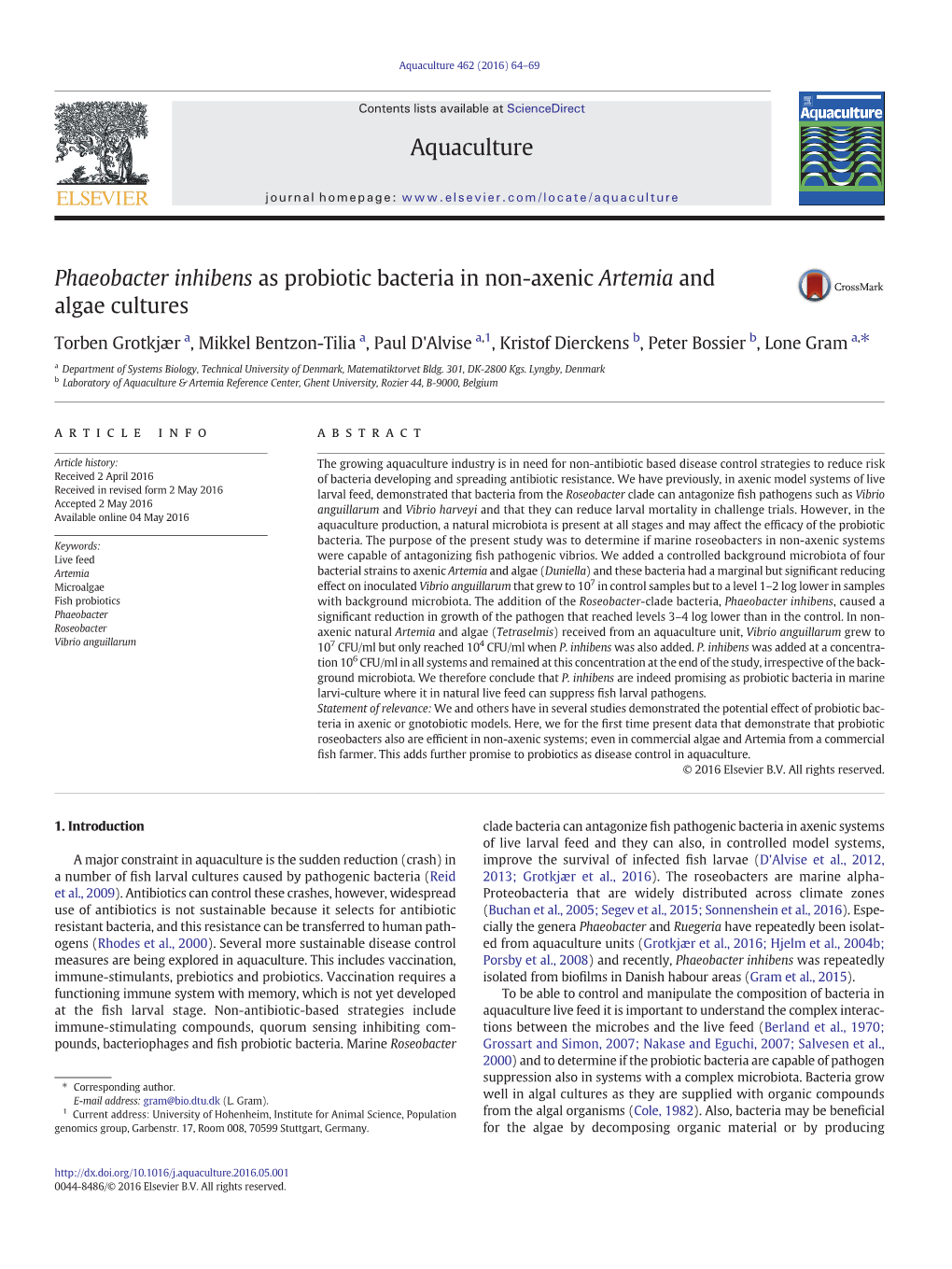 Phaeobacter Inhibens As Probiotic Bacteria in Non-Axenic Artemia and Algae Cultures