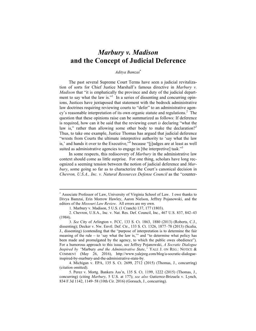 Marbury V. Madison and the Concept of Judicial Deference