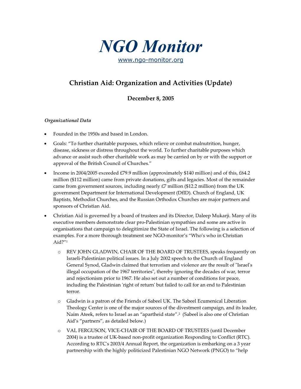 Summary Report on Christian Aid: December 2004