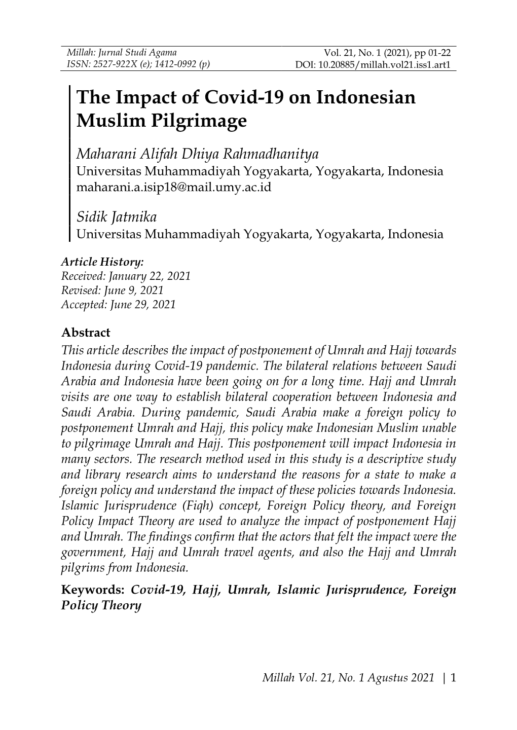 The Impact of Covid-19 on Indonesian Muslim Pilgrimage