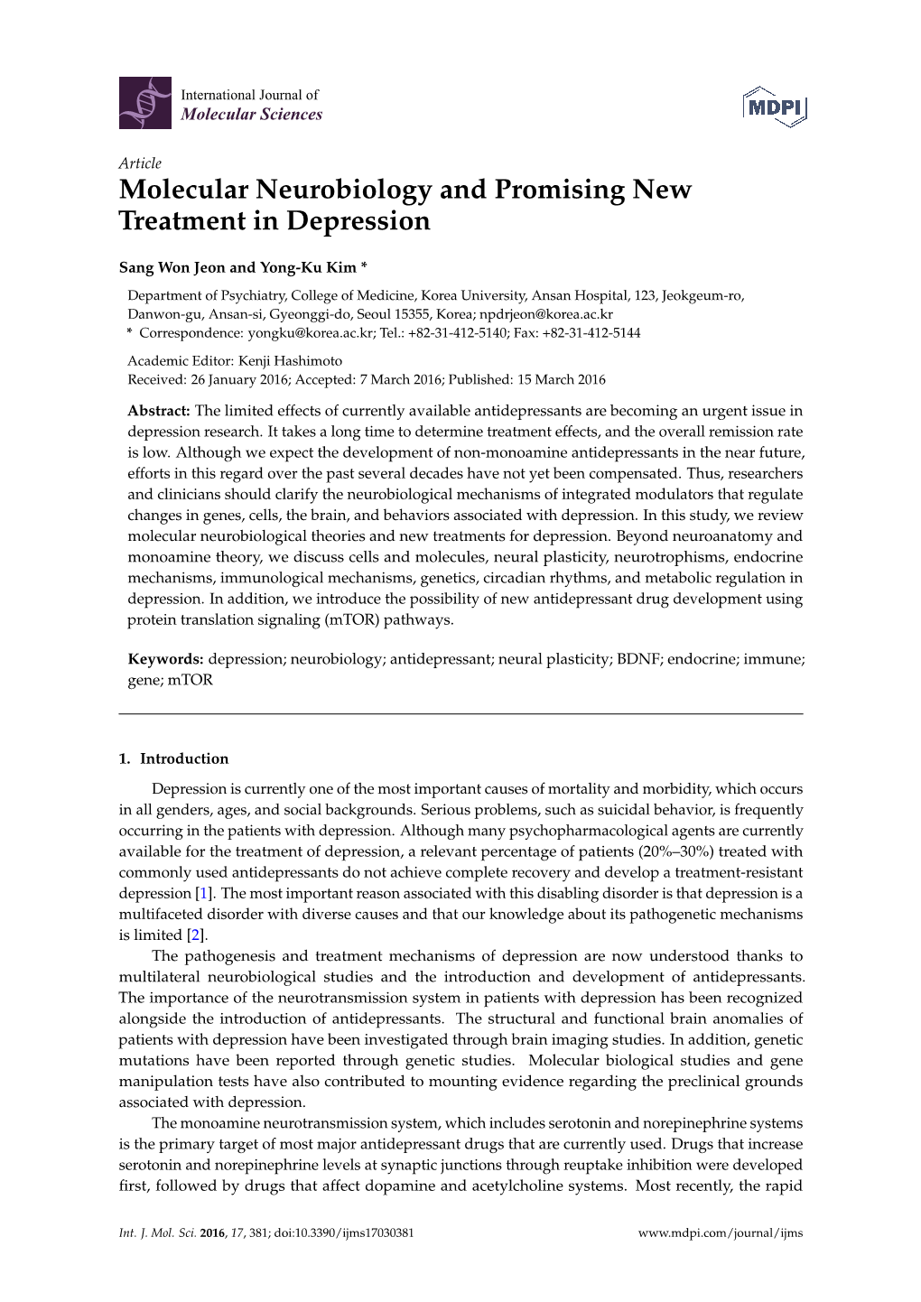 Molecular Neurobiology and Promising New Treatment in Depression