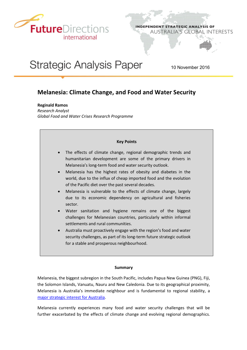 Melanesia: Climate Change, and Food and Water Security